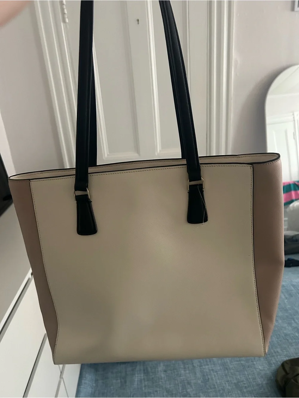 kate spade cream and blush leather tote with black straps